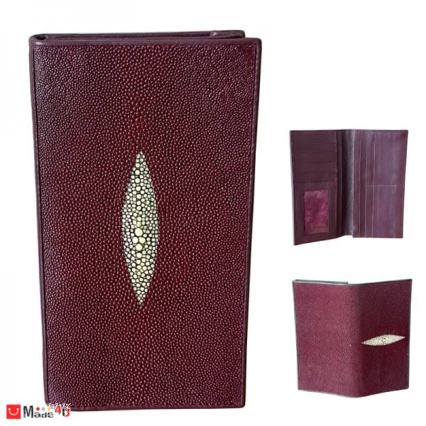 Дамски Портфейл от риба Скат, естествена кожа, вертикален, бордо, 19х10см