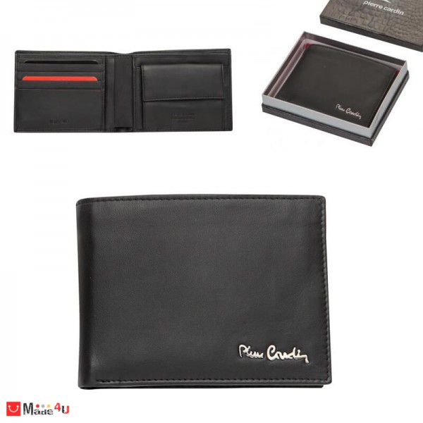 Мъжки портфейл естествена кожа 12x10см, хоризонтален, черен мат, Pierre Cardin PCL02101