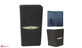 Дамски Портфейл от риба Скат, естествена кожа, двоен, черен, 19х10см