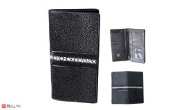 Дамски Портфейл от риба Скат, естествена кожа, вертикален, черен с лента, 18х10см
